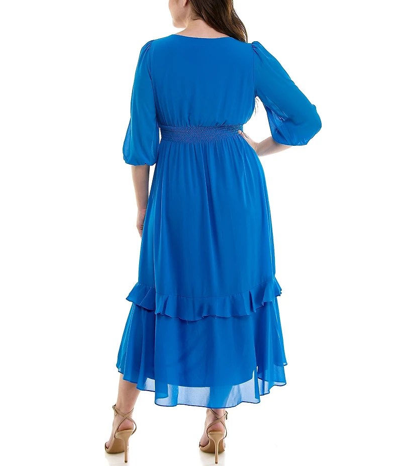 Moda Tara Plus Size 3/4 Sleeve Tiered Ruffled Smocked Chiffon Midi Dress