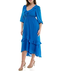 Moda Tara Plus Size 3/4 Sleeve Tiered Ruffled Smocked Chiffon Midi Dress