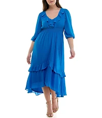Moda Tara Plus Size 3/4 Sleeve Tiered Ruffled Smocked Chiffon Midi Dress