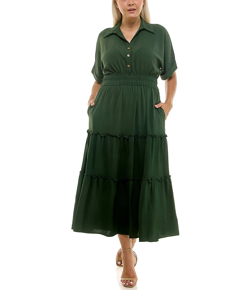 Moda Tara Plus Size Button Front Tiered Midi Shirt Dress