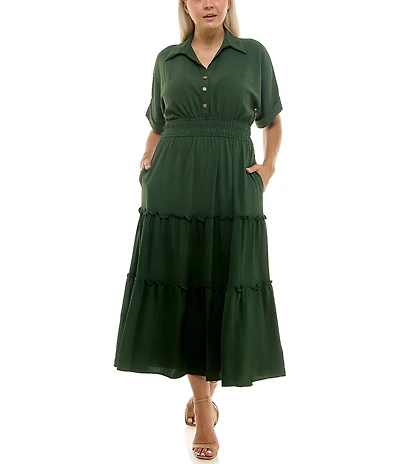 Moda Tara Plus Size Button Front Tiered Midi Shirt Dress