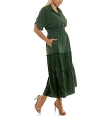 Moda Tara Plus Size Button Front Tiered Midi Shirt Dress