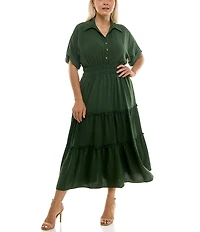 Moda Tara Plus Size Button Front Tiered Midi Shirt Dress