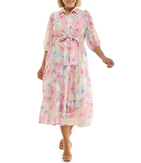 Moda Tara Plus Size Floral Print Crinkle Volie Button Front A-Line Midi Shirt Dress