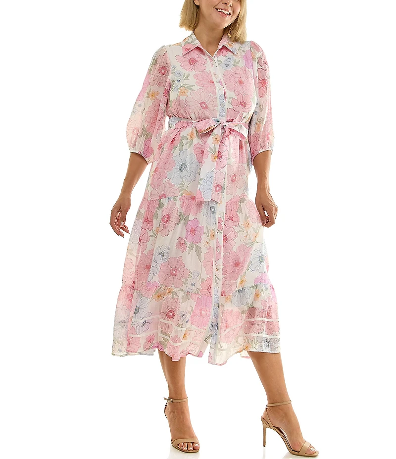 Moda Tara Plus Size Floral Print Crinkle Volie Button Front A-Line Midi Shirt Dress