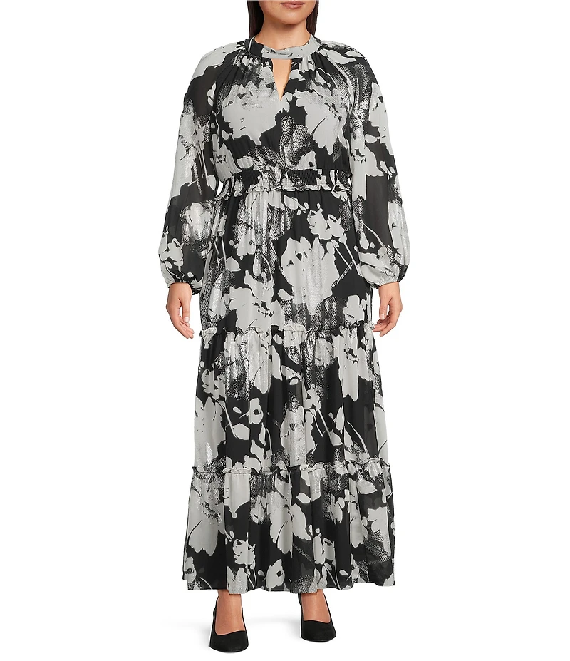 Moda Tara Plus Size Floral Print Foil Chiffon Mock Neck Long Sleeve Tiered Skirt Maxi Dress