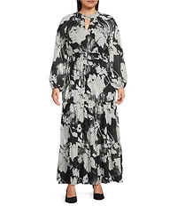 Moda Tara Plus Size Floral Print Foil Chiffon Mock Neck Long Sleeve Tiered Skirt Maxi Dress