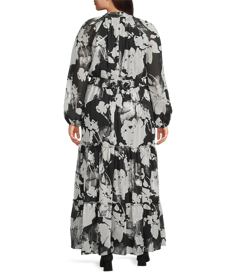 Moda Tara Plus Size Floral Print Foil Chiffon Mock Neck Long Sleeve Tiered Skirt Maxi Dress