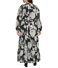 Moda Tara Plus Size Floral Print Foil Chiffon Mock Neck Long Sleeve Tiered Skirt Maxi Dress