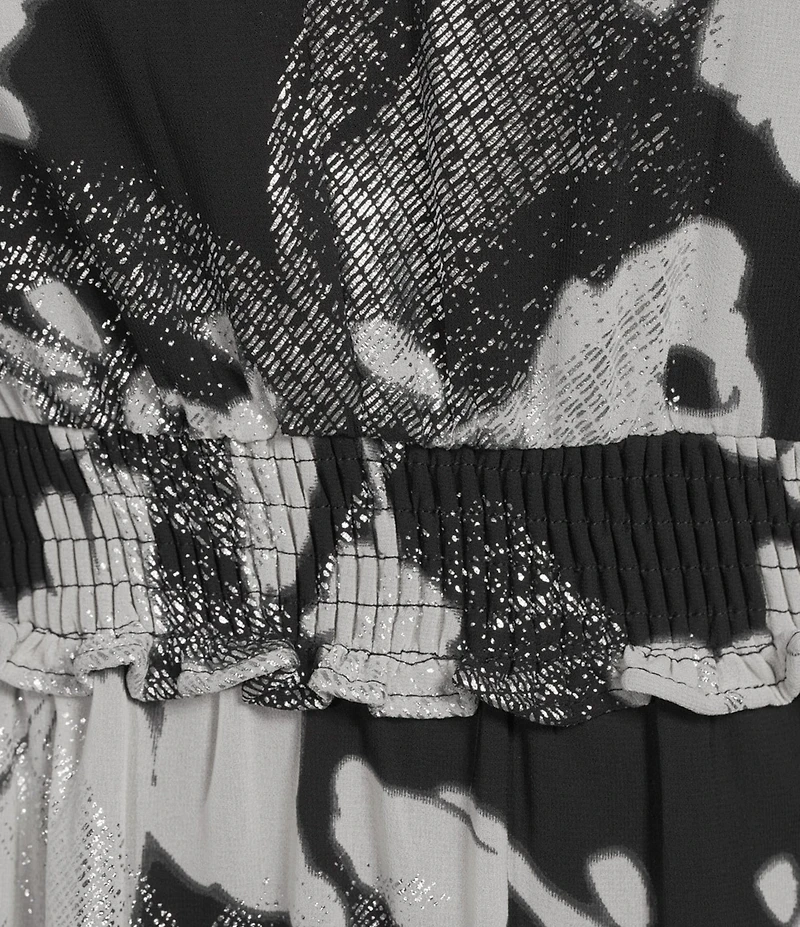 Moda Tara Plus Size Floral Print Foil Chiffon Mock Neck Long Sleeve Tiered Skirt Maxi Dress