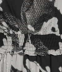 Moda Tara Plus Size Floral Print Foil Chiffon Mock Neck Long Sleeve Tiered Skirt Maxi Dress