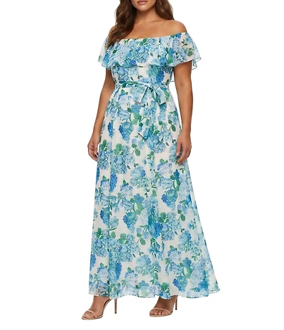 Moda Tara Plus Size Floral Print Ruffle Off The Shoulder Chiffon Crepe Long Dress