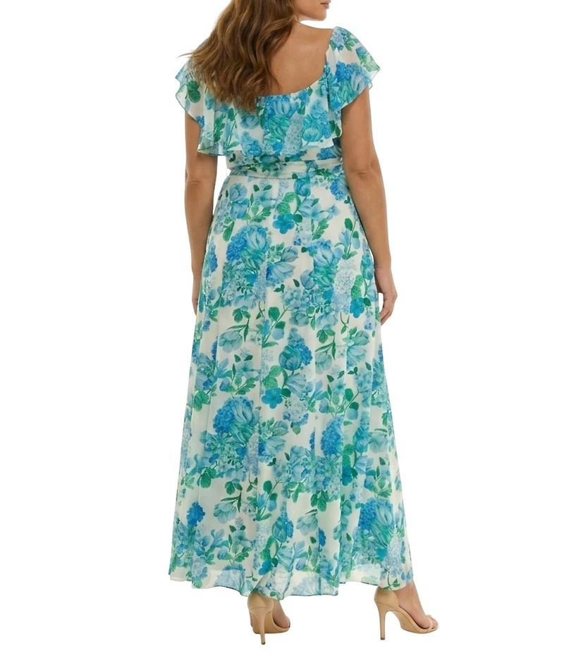 Moda Tara Plus Size Floral Print Ruffle Off The Shoulder Chiffon Crepe Long Dress