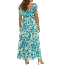 Moda Tara Plus Size Floral Print Ruffle Off The Shoulder Chiffon Crepe Long Dress