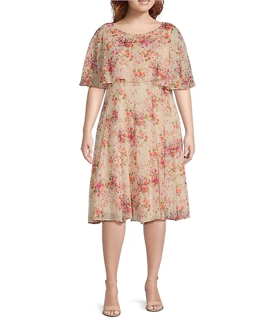 Moda Tara Plus Size Floral Print Short Sleeve Blouson Midi Dress