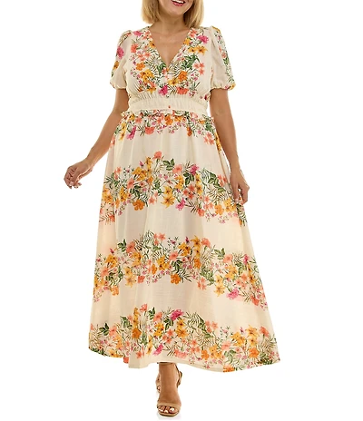 Moda Tara Plus Size Floral Short Puff Sleeve Button Front Detail Maxi Dress