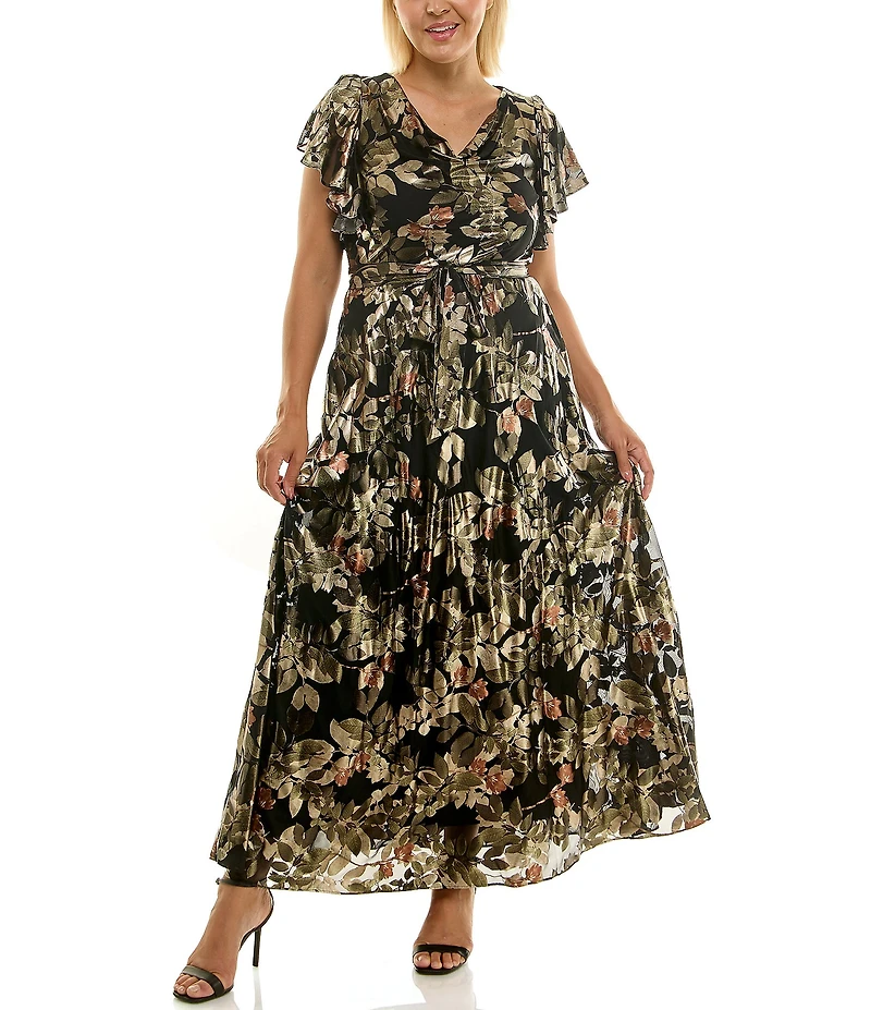 Moda Tara Plus Size Foil Print Chiffon Flutter Sleeve Cowl Neck Maxi Dress