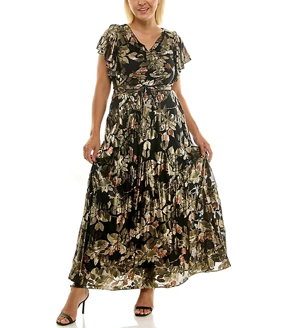Moda Tara Plus Size Foil Print Chiffon Flutter Sleeve Cowl Neck Maxi Dress
