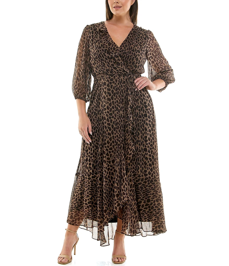 Moda Tara Plus Size Leopard Print Chiffon 3/4 Sleeve Faux Wrap Dress
