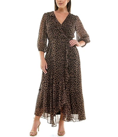 Moda Tara Plus Size Leopard Print Chiffon 3/4 Sleeve Faux Wrap Dress