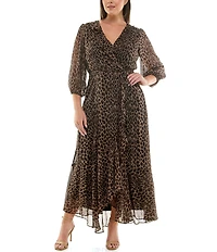 Moda Tara Plus Size Leopard Print Chiffon 3/4 Sleeve Faux Wrap Dress