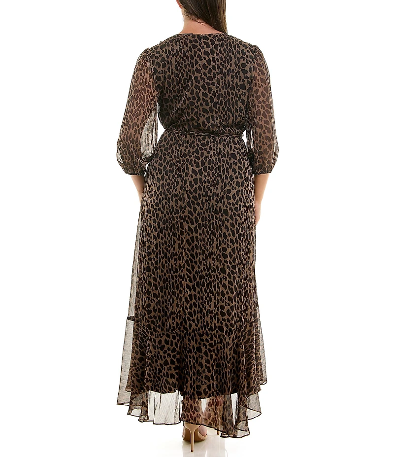 Moda Tara Plus Size Leopard Print Chiffon 3/4 Sleeve Faux Wrap Dress