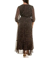Moda Tara Plus Size Leopard Print Chiffon 3/4 Sleeve Faux Wrap Dress