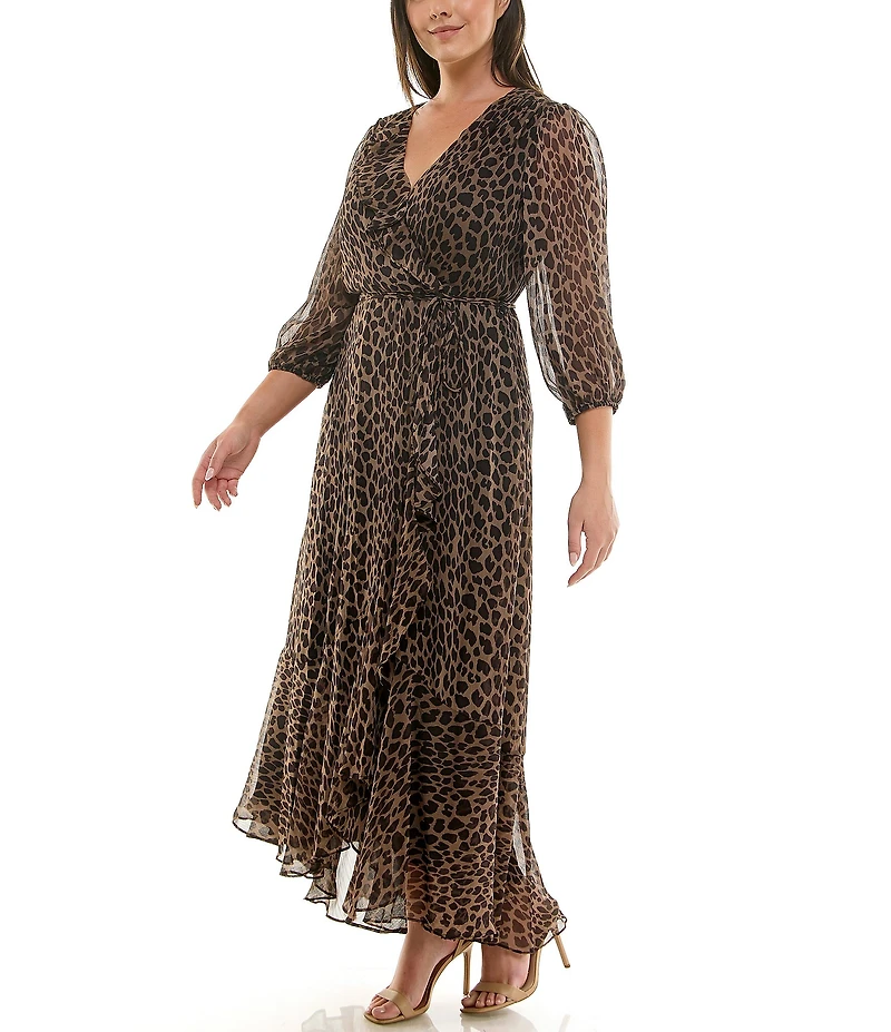 Moda Tara Plus Size Leopard Print Chiffon 3/4 Sleeve Faux Wrap Dress