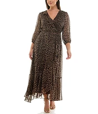Moda Tara Plus Size Leopard Print Chiffon 3/4 Sleeve Faux Wrap Dress
