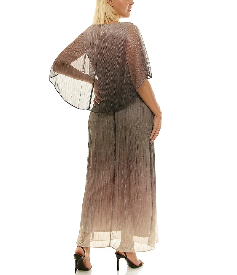 Moda Tara Plus Size Ombre Print Crinkle Lurex Mesh Short Capelet Sleeve Gown