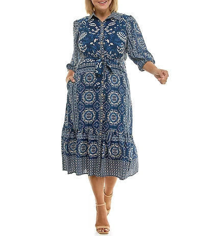 Moda Tara Plus Size Point Collar Button Front Printed Midi Dress