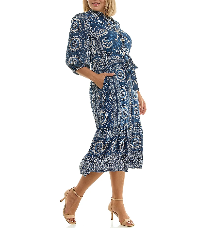 Moda Tara Plus Size Point Collar Button Front Printed Midi Dress