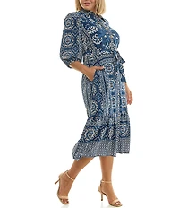 Moda Tara Plus Size Point Collar Button Front Printed Midi Dress