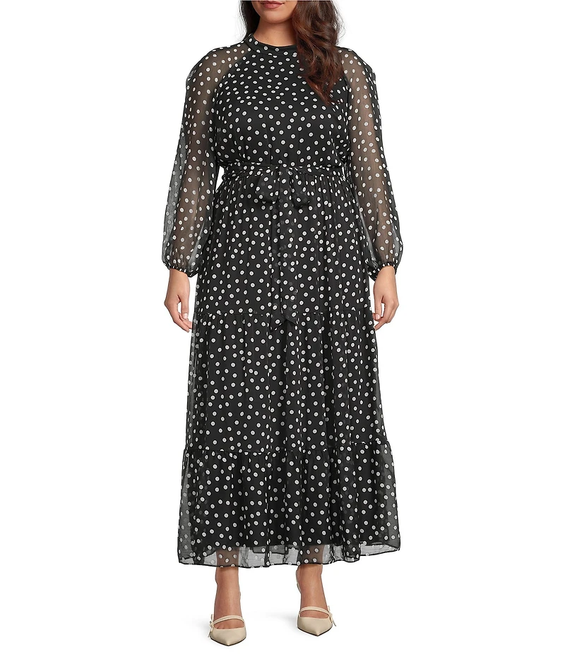 Moda Tara Plus Size Polka Dot Yoryu Chiffon Mock Neck Long Sleeve Belted Tiered Maxi Dress