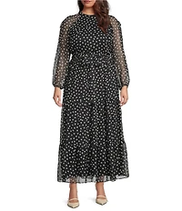 Moda Tara Plus Size Polka Dot Yoryu Chiffon Mock Neck Long Sleeve Belted Tiered Maxi Dress