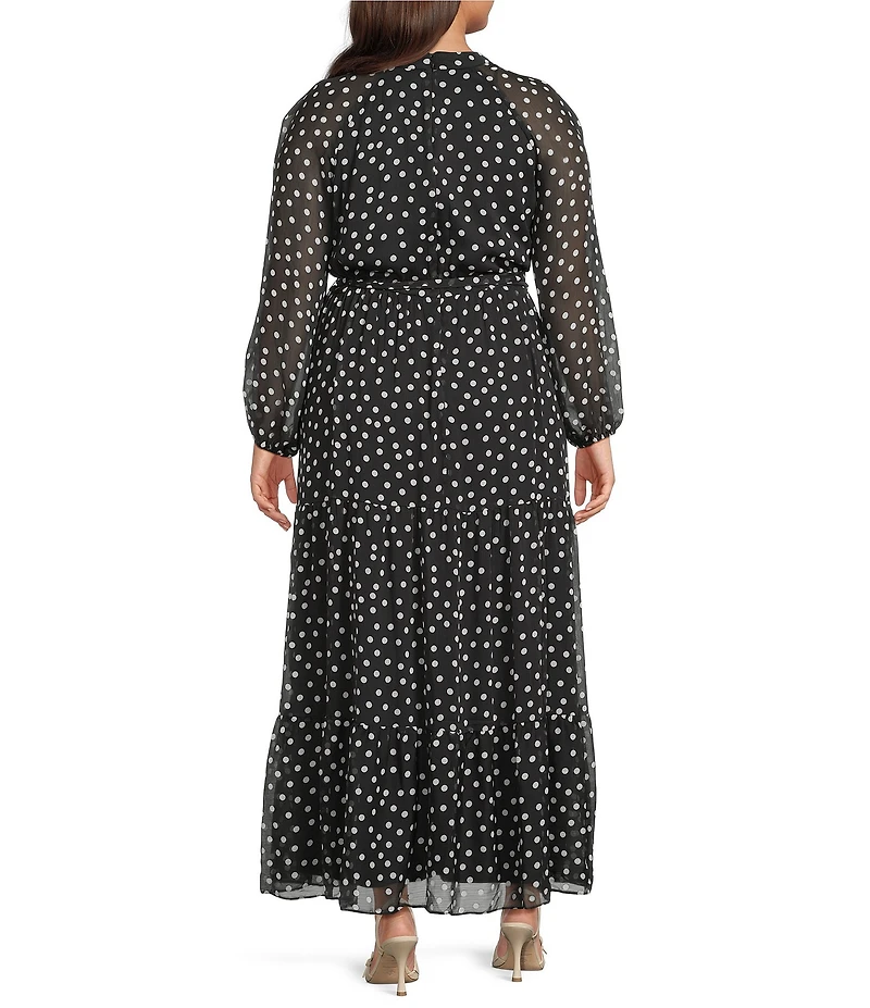 Moda Tara Plus Size Polka Dot Yoryu Chiffon Mock Neck Long Sleeve Belted Tiered Maxi Dress