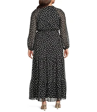 Moda Tara Plus Size Polka Dot Yoryu Chiffon Mock Neck Long Sleeve Belted Tiered Maxi Dress