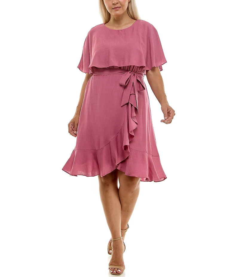 Moda Tara Plus Size Boat Neck Short Caplet Sleeve Ruffled Popover Wrap Dress