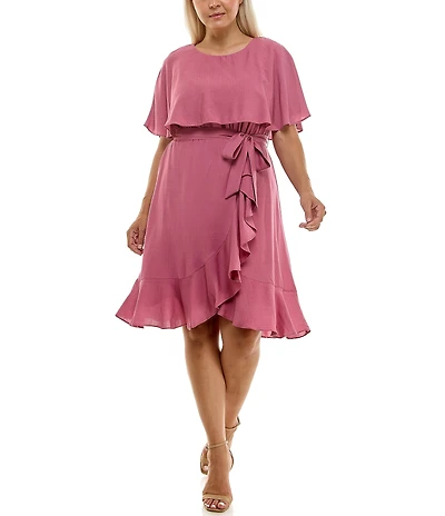 Moda Tara Plus Size Boat Neck Short Caplet Sleeve Ruffled Popover Wrap Dress