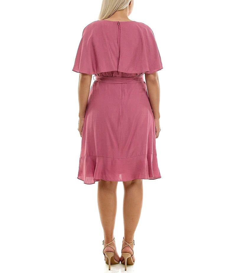 Moda Tara Plus Size Boat Neck Short Caplet Sleeve Ruffled Popover Wrap Dress