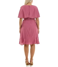 Moda Tara Plus Size Boat Neck Short Caplet Sleeve Ruffled Popover Wrap Dress