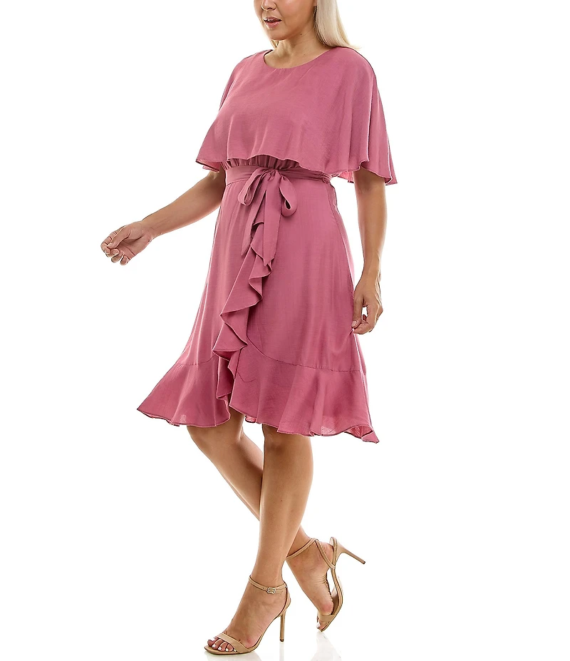 Moda Tara Plus Size Boat Neck Short Caplet Sleeve Ruffled Popover Wrap Dress
