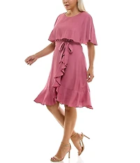 Moda Tara Plus Size Boat Neck Short Caplet Sleeve Ruffled Popover Wrap Dress