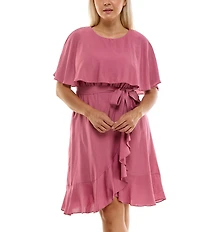 Moda Tara Plus Size Boat Neck Short Caplet Sleeve Ruffled Popover Wrap Dress