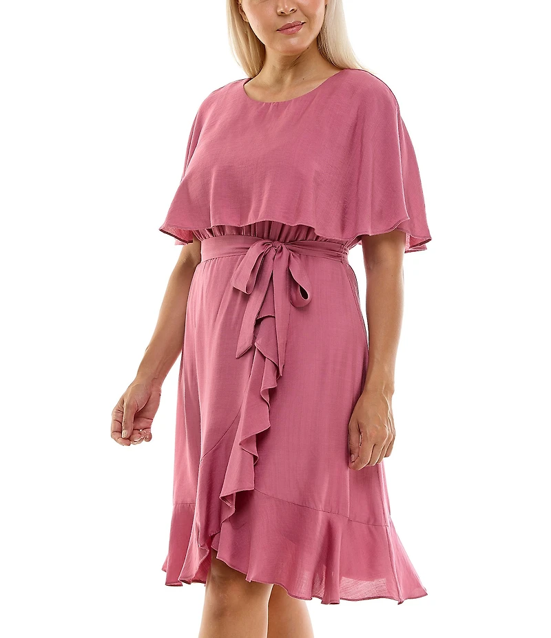 Moda Tara Plus Size Boat Neck Short Caplet Sleeve Ruffled Popover Wrap Dress
