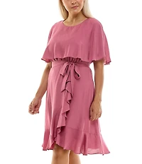 Moda Tara Plus Size Boat Neck Short Caplet Sleeve Ruffled Popover Wrap Dress