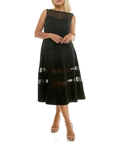 Moda Tara Plus Size Stretch Crepe Illusion Chiffon Fit And Flare Sleeveless Midi Dress