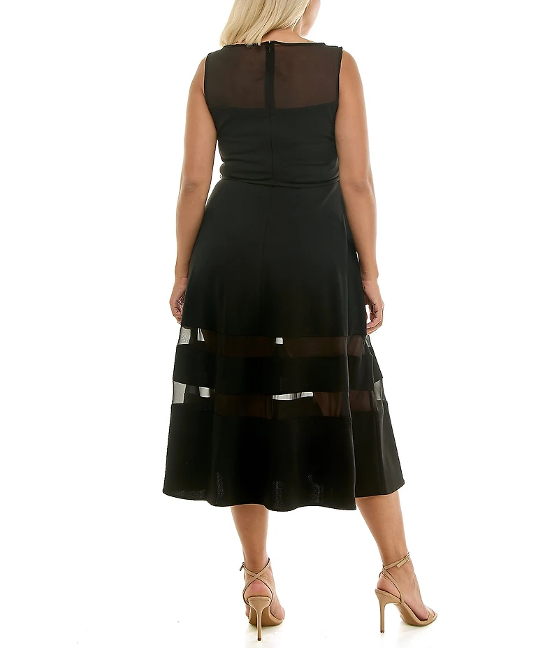 Moda Tara Plus Size Stretch Crepe Illusion Chiffon Fit And Flare Sleeveless Midi Dress