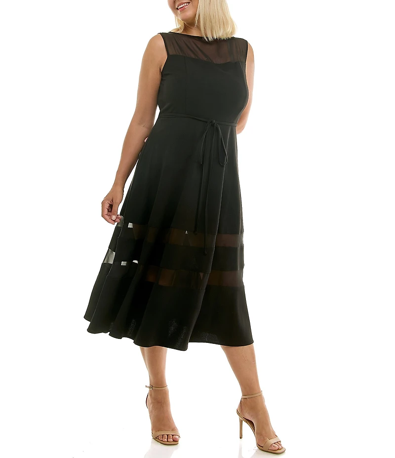 Moda Tara Plus Size Stretch Crepe Illusion Chiffon Fit And Flare Sleeveless Midi Dress