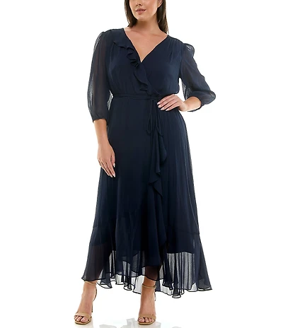 Moda Tara Plus Size V-Neck 3/4 Sleeve Ruffled Midi Dress